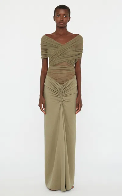 Christopher Esber Crossed Tulle Ruched Dress In Olive