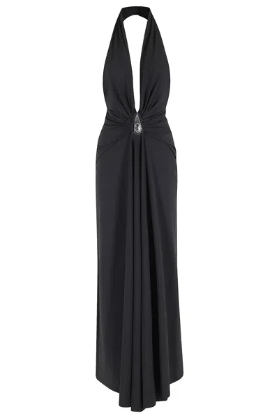 Christopher Esber Crystal Pendant Ruched Lycra Halter Dress In Black