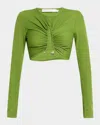 Christopher Esber Crystal Pin Long-sleeve Rib Crop Top In Green