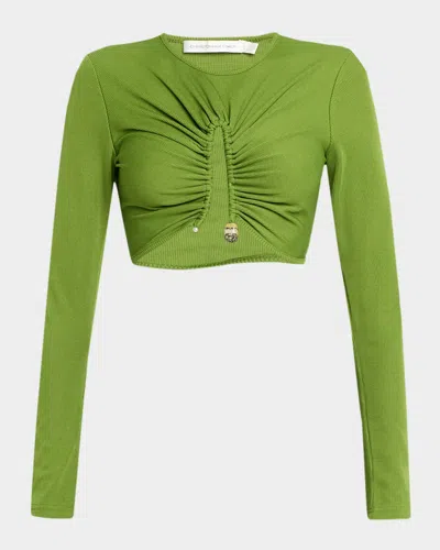 Christopher Esber Crystal Pin Long-sleeve Rib Crop Top In Green