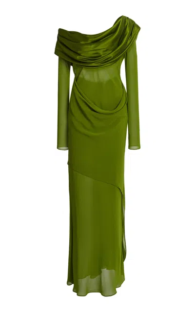 Christopher Esber Draped Off-the-shoulder Silk Maxi Dress In Green