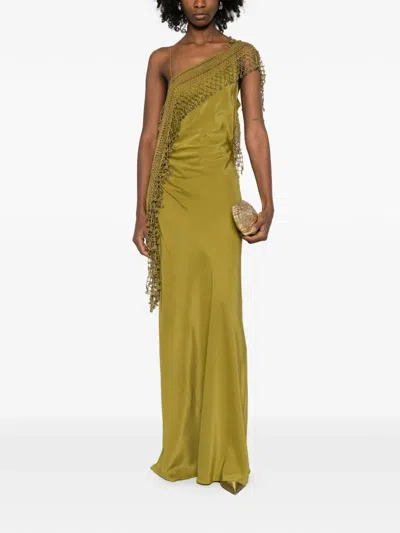 Christopher Esber Beaded Crocheted-trimmed Silk-satin Maxi Dress In Green