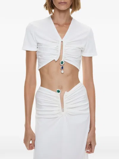 Christopher Esber Droplet Ruched Crystal-pendant T-shirt In White