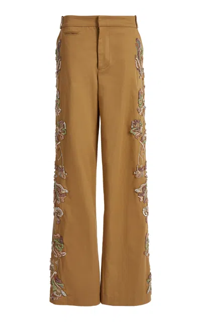 Christopher Esber Duke Embellished Cotton Chino Wide-leg Pants In Tan