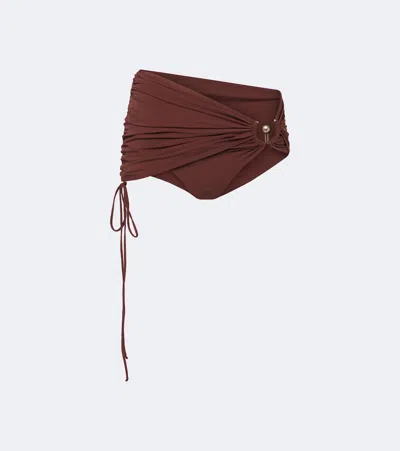 Christopher Esber Embellished Ruched Bikini Bottoms In Brown