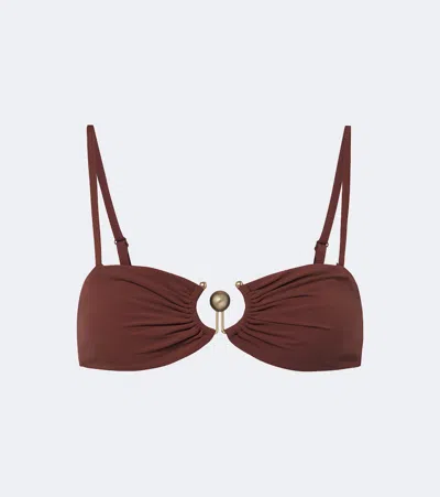 Christopher Esber Embellished Ruched Bikini Top In Brown