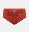 Christopher Esber Embellished Ruched High-rise Bikini Bottoms In Brick