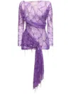 Christopher Esber Encased Beaded Ivy Lace Long Sleeve Mini Dress Grape In Purple
