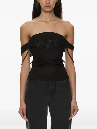 Christopher Esber Hibiscus-embroidered Ribbed Top In Black