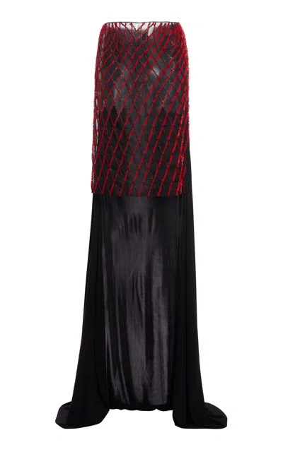 Christopher Esber Lattice Beaded Mullet Silk Midi Skirt In Red