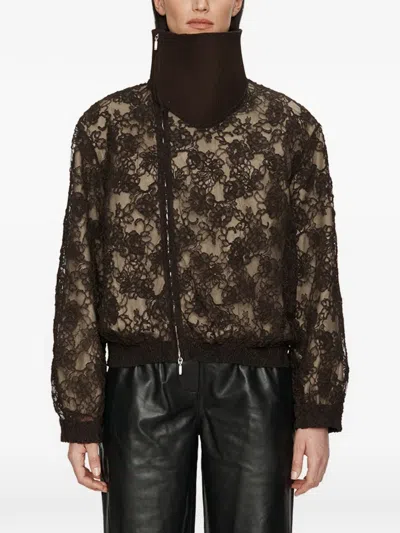 Christopher Esber Mahara Lace High-neck Bomber Jacket In Brown