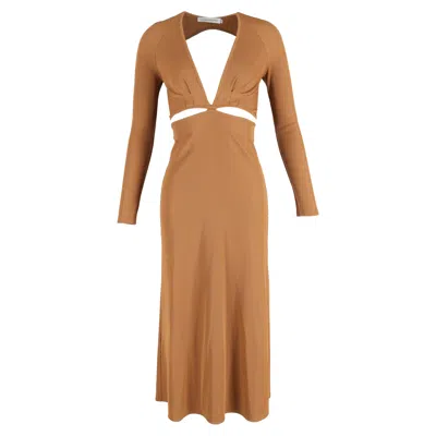 Pre-owned Christopher Esber Midi Cutout Ribbed Long Sleeve Dress In Brown Polyester