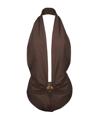 Christopher Esber Mineral Stone Plunge Swimsuit In Brown