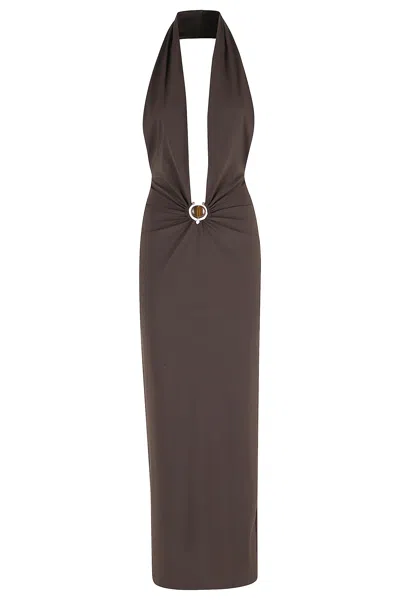 Christopher Esber Mineral Stone Ruched Halter Lycra Dress In Brown