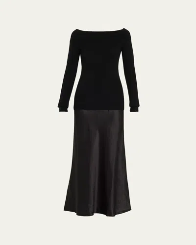 Christopher Esber Mixed-media Off-the-shoulder Cashmere Monument Midi Dress In Black