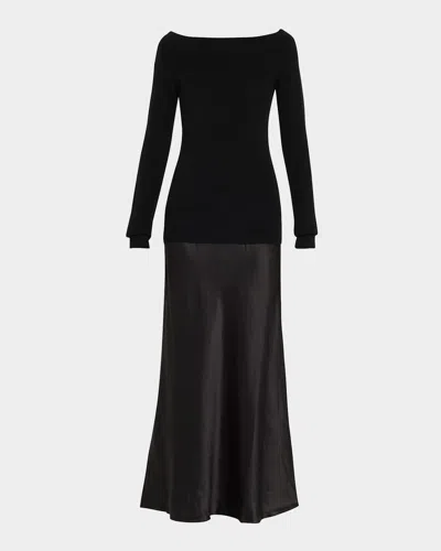 CHRISTOPHER ESBER MIXED-MEDIA OFF-THE-SHOULDER CASHMERE MONUMENT MIDI DRESS
