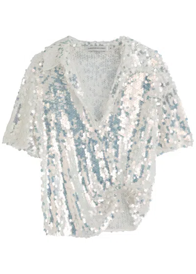 Christopher Esber Opaline Sequin-embellished Open-knit Polo Shirt In Silver
