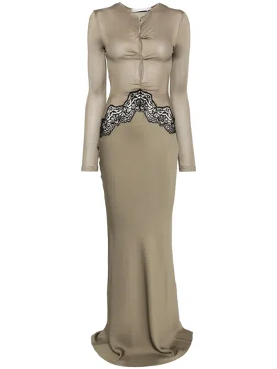 Christopher Esber Cutout Twist-front Lace-trimmed Ribbed-knit And Crepe Gown In Green