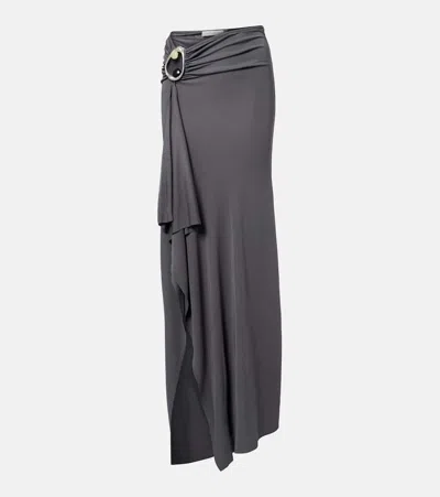 Christopher Esber Orica Asymmetric Embellished Ruched Draped Jersey Maxi Skirt In Gray