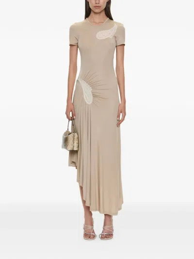 Christopher Esber Paisley Lace-insert Ribbed Asymmetric Dress In Gold