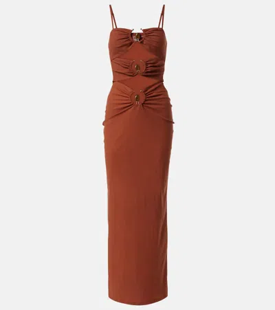 Christopher Esber Pierced Orbit Cutout Jersey Maxi Dress In Brown