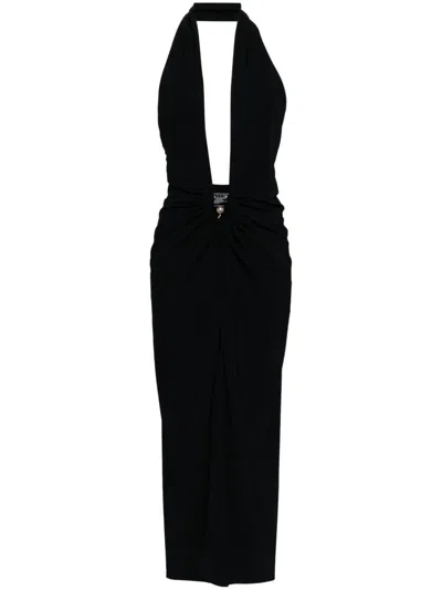 Christopher Esber Pierced Orbit Halter Slit Dress In Black