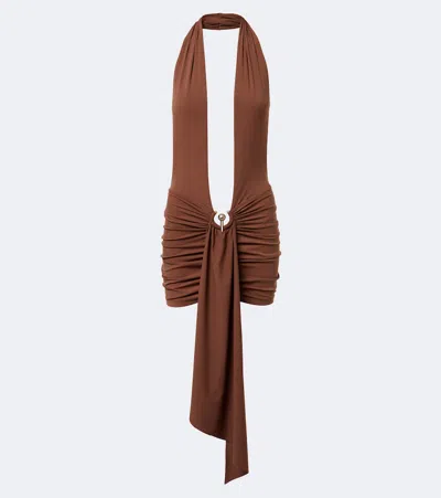 Christopher Esber Pierced Orbit Halterneck Jersey Minidress In Brown