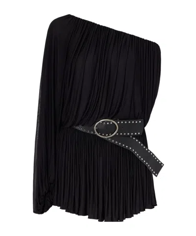 Christopher Esber Bayamo Belted One-shoulder Mesh Mini Dress In Black