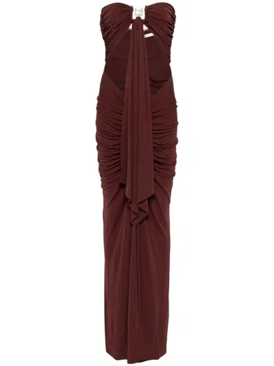 Christopher Esber Bezel Quartz Cutout Strapless Jersey Gown In Brown