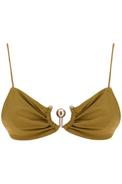 Christopher Esber Orbit Embellished Ruched Bikini Top In Green