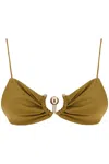 Christopher Esber Orbit Embellished Ruched Bikini Top In Brown