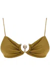 Christopher Esber Orbit Embellished Ruched Bikini Top In Kombu (khaki)