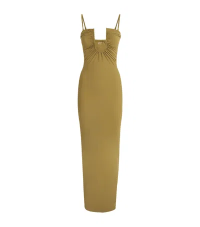 Christopher Esber Ruched Plunge Arced Maxi Dress In 卡其色