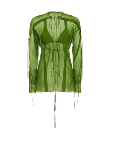 Christopher Esber Silk Chiffon Open Blouse Shirt  Bra Set In Green