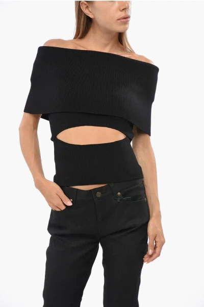 Christopher Esber Solid Color Ribbed Off-shoulder Top With Cut-out Detail In Black