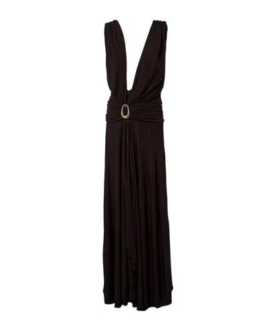 Christopher Esber Stone Pin Draped Jersey Maxi Dress In Brown