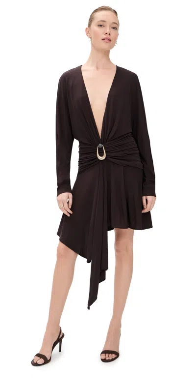 Christopher Esber Stone Pin Scarf Drape Long Sleeve Mini Dress Umber In Brown