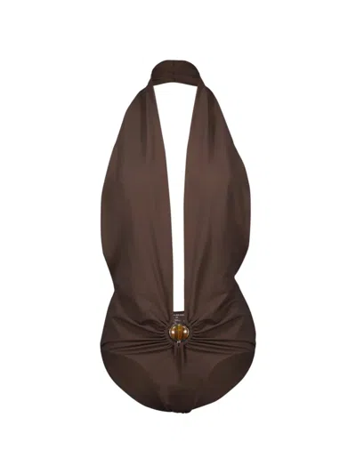 Christopher Esber Stone-embellishment V-neck Swimsuit In Brown