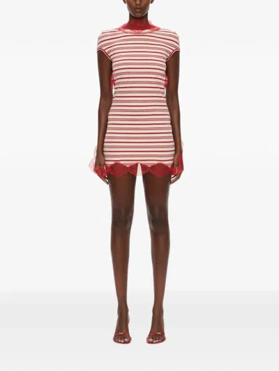 Christopher Esber Stripe Jersey Lace Trimmed Tee Dress In Red