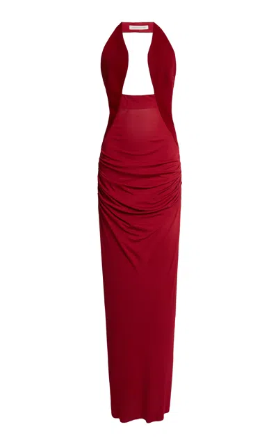 Christopher Esber Tailored Slope Suede Halter Maxi Dress In Red