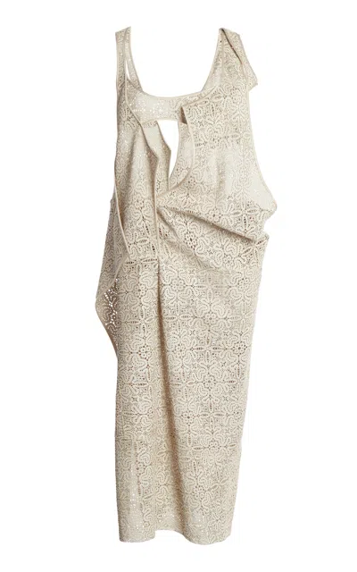 Christopher Esber Teles Lace Looping Asymmetric Leather And Silk Midi Dress In Neutral