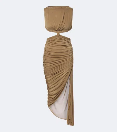 Christopher Esber Theia Cutout Draped Asymmetric Midi Dress In Brown
