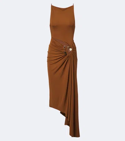 Christopher Esber Veer Crystal-embellished Draped Jersey Midi Dress In Brown