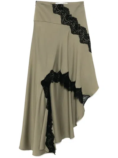 Christopher Esber Verner Asymmetric Chantilly Lace-trimmed Woven Midi Skirt In Green