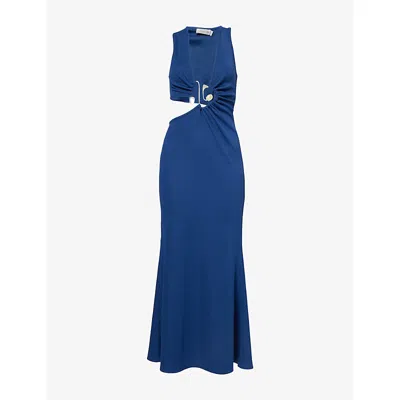 Christopher Esber Womens Blue Indigo Spiral Crystal Cutaway Sleeveless Stretch-woven Midi Dress