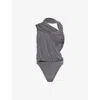 Christopher Esber Womens Swept Drape Asymmetric-neckline Stretch-woven Bodysuit Shadow Grey In Shadow Grey