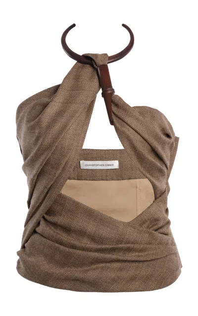 Christopher Esber Wood-detailed Draped Wool Herringbone Top In Brown