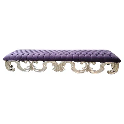 Pre-owned Christopher Guy Vintage  Scrolled Silver Gilded Mahogany Tufted Bench In Velvet