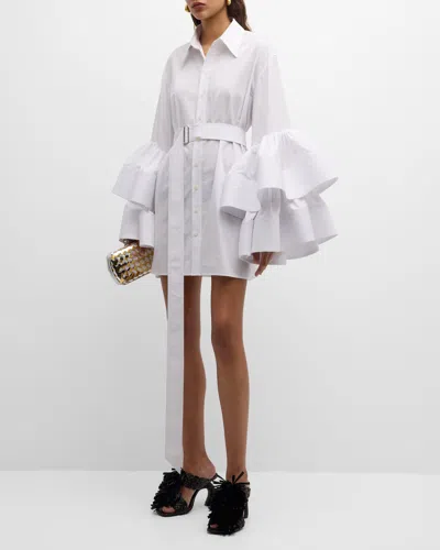 Christopher John Rogers Belted Mini Shirtdress With Jumbo Ruffle Sleeves In White