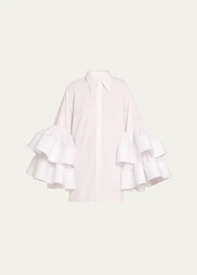 Christopher John Rogers Belted Mini Shirtdress With Jumbo Ruffle Sleeves In White
